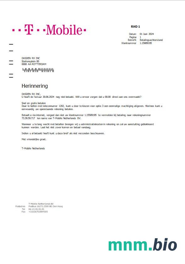 Holandia T-Mobile rachunek za usługi komunalne szablon w formacie Word i PDF